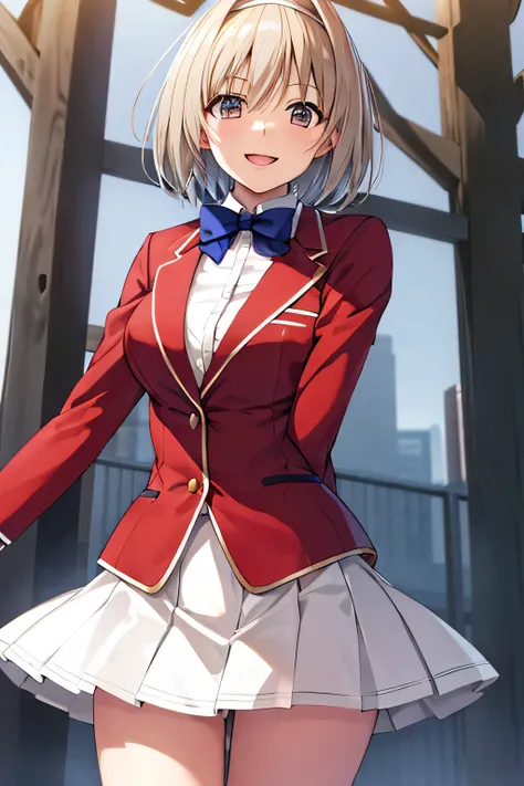 masterpiece, Highest quality, High resolution, Akio, short hair, Hair Intake, White hair band, Blue bow tie, Collared shirt, blazer, Red jacket, Long sleeve, White Skirt, Pleated skirt, Black socks, Cowboy Shot, Are standing, Outdoor, straight, Place your ...