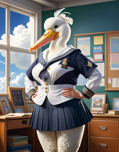  photorealistic portrait of Dressed animals-a ((fat)) ((pelican)) student,(furry), (elegant pose:1.5), (hands on hips:1.5),(smile:1.5),high quality,(),(lovely) ,intricate details, Wearing Japanese sailor uniform , (short skirt), highly detailed ((female sa...