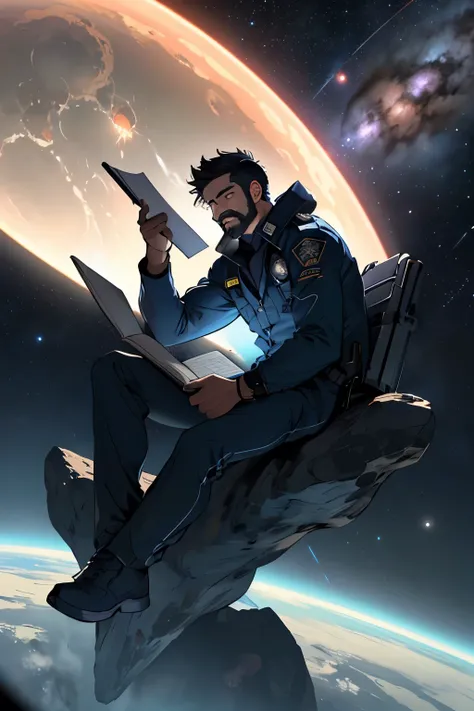 Drawing a young policeman, Sitting on a research platform floating in the middle of an asteroid belt.. He is studying with a notebook., It was surrounded by several asteroids that radiated a fiery aura.. Stunning light from distant stars and planets bright...