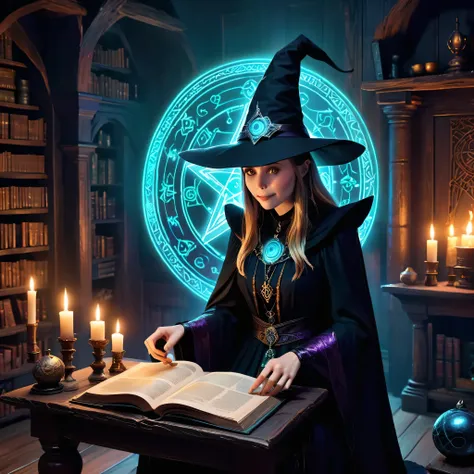 depicts a modern-day witch (Elizabeth Olsen) who has embraced the world of cybernetics to enhance her magical abilities. The artwork should convey the enchanting blend of traditional witchcraft and futuristic technology. Here are some specific elements to ...