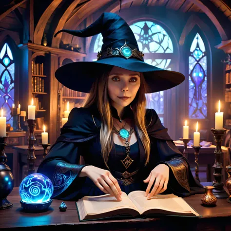 depicts a modern-day witch (Elizabeth Olsen) who has embraced the world of cybernetics to enhance her magical abilities. The artwork should convey the enchanting blend of traditional witchcraft and futuristic technology. Here are some specific elements to ...