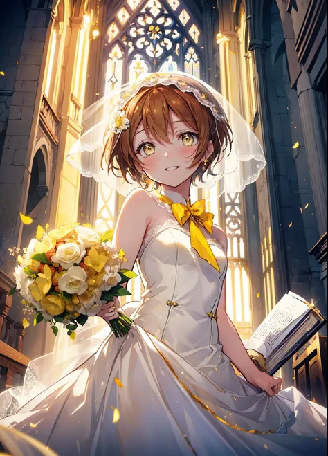 rin hoshizora (yellow eyes:1.5), hair between the eyes, brown hair,short hair,blush,happy smile, smile, open your mouth,wedding ...