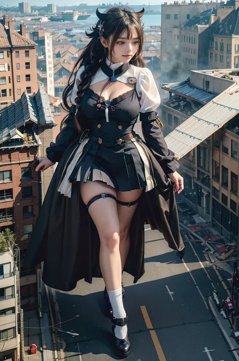 looking at the camera、steampunk、Standing on top of a ruined building、The building collapses、Urban hustle and bustle、Traffic jam、City of Rubble、street tree、City boulevard、Pedestrian bridge、Streetcar route((((Azur Lane Cheshire Cosplay))))、Frilled maid outfi...