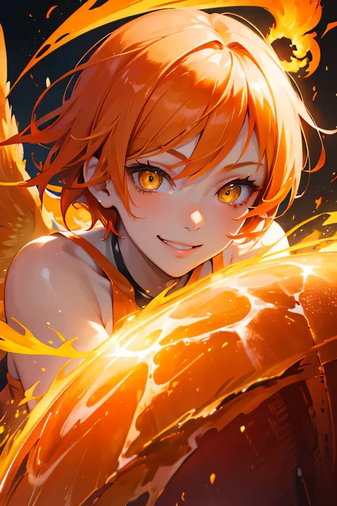 Beautiful adult woman、((Orange short hair))(Yellow Eyes))、Face close-up、smile、Bakemonogatari、Araragitsuki day、(There is a Phoenix)、Wearing a fried egg on his head