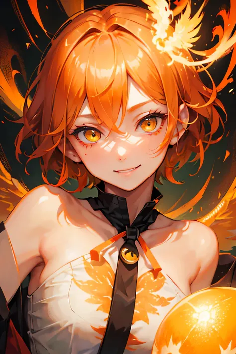 Beautiful adult woman、((Orange short hair))(Yellow Eyes))、Face close-up、smile、Bakemonogatari、Araragitsuki day、(There is a Phoenix)、Wearing a fried egg on his head