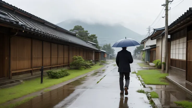 A man walking alone on a rainy day at a Japanese rural school with his Digimon.