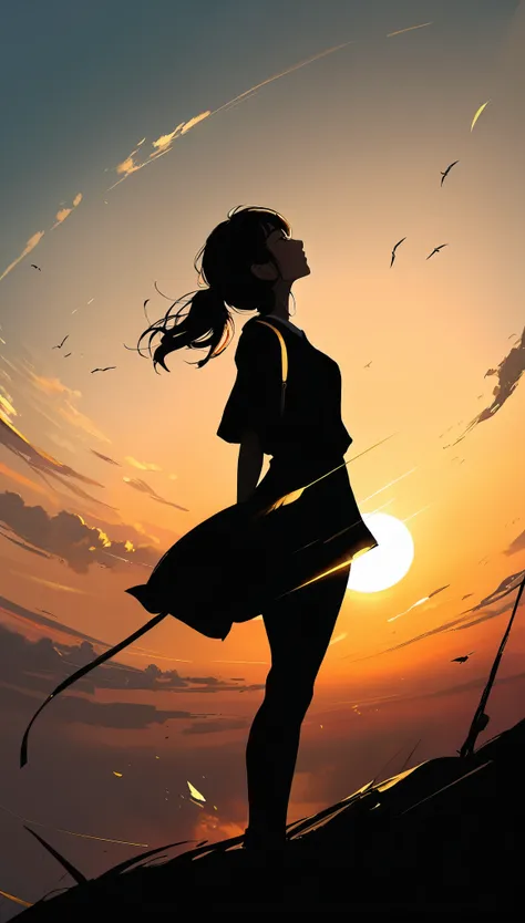 in style of Benedick Bana,1girl,worms eye view,student,Sky,Sunset,gold,Long shot,