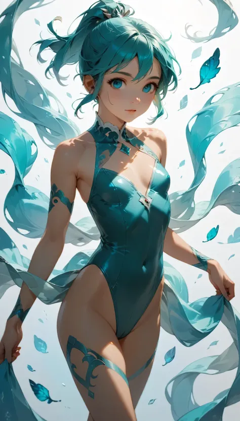 RAW Photos、Turquoise Hair,Dual Horsetail,sexy,Adorable,Small eyes、Expressionless,Official Art，unity 8k wallpaper，Very detailed，Beautiful works，Highest quality，Realistic,Photo level、Highest quality、Best image quality、masterpiece、Girl in a leotard、Super High...