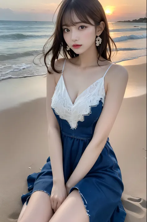 Tabletop, Highest quality, figure, Super detailed, In detail, High resolution, 8k wallpaper, Perfect dynamic composition, Beautiful attention to detail, Wear a dress, Natural color lip,Beach, ランダムでcuteポーズ, flowing bangs, sunset，，Beautiful feet,KPOP idol fa...