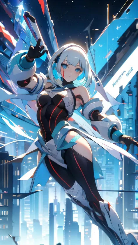 White hair, blunt bangs, bob cut, goggles on head, multicolored eyes, makeup, disgust, backlighting, masterpiece, accurate, super detail, award winning, highres, best quality, 8k, Cyberpunk, the world of science fiction movies, A Martian city in the year 2...