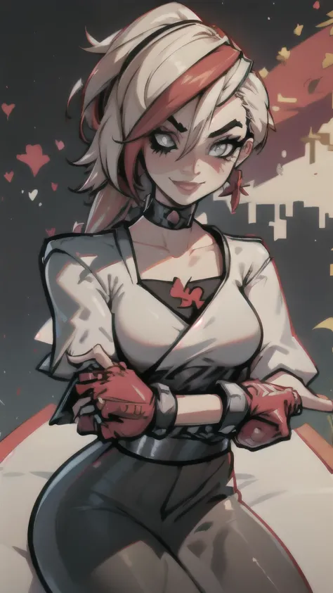 (best quality:1.2),solo,1girl,mdrin,smile,looking at viewer,crossed arms,ponytail,v-shaped eyebrows,white jacket,red shirt,fingerless gloves,black skirt,choker,illustration,floral garden background,warm color tones,soft lighting, Hair over one eye