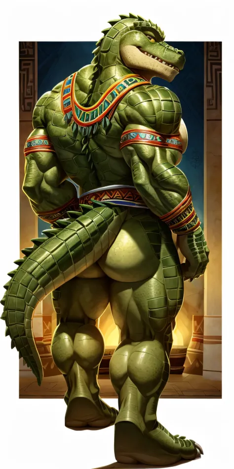 A muscle green male alligator, a muscle green male lizardmen with full aztec clothes , showing his  butt, yellow ligth,  seductive face, show legs and muscle feets 