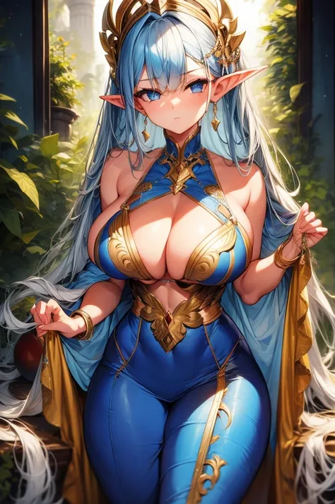 (Masterpiece, best quality, official art, 8K), ultra-detailed, a cartoon image of a Sky Blue Skinned female Djinn with blue hair and a chain around her neck, Human Hybrid Djinn, (((((Her sky blue skin))))), skin genie girl sky blue, alone, Krenz Cushart an...