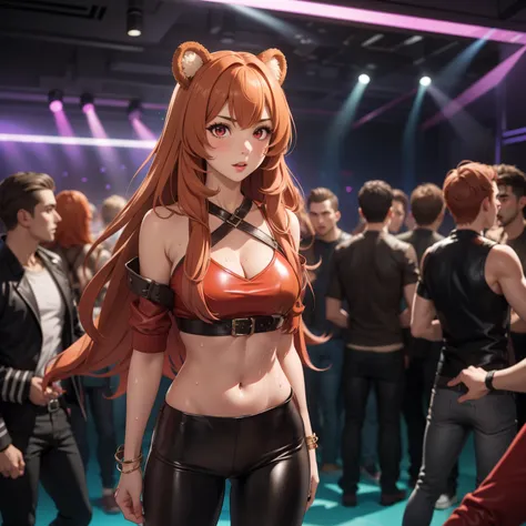 Raphtalia woman 23 years old straight orange hair , round bear ears, red eyes like ruby, avergonxada, expresion de verguenza.., low cut leather clothing,  leather pants, sweaty body, is standing, standing in the middle of a nightclub. surrounded by men , m...