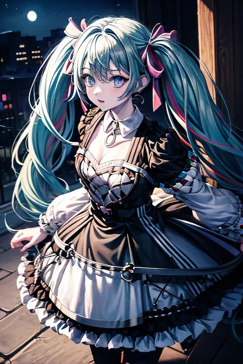 Colourful drawing in pastel, using air perspective, one girl walking, gothic make-up, blue eyes, shiny black gothic dress, wearing a metal collar, silver twin-tails, background, cyber bank at night.