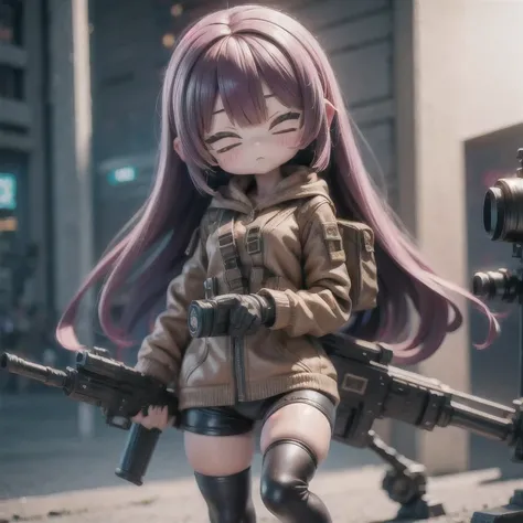 fish
1girl
bangs
blurry
blurry background
blurry foreground
breasts
brown eyes
closed mouth
depth of field
gun
long hair
looking at viewer
mecha
mole
motion blur
multicolored hair
pink hair
smile
solo
thigh strap
