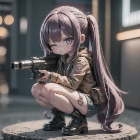 fish
1girl
bangs
blurry
blurry background
blurry foreground
breasts
brown eyes
closed mouth
depth of field
gun
long hair
looking at viewer
mecha
mole
motion blur
multicolored hair
pink hair
smile
solo
thigh strap