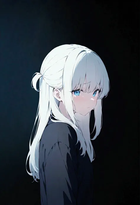 digital drawing,a woman crying, long white hair,just the face,UHD, high resolution, Blurred Background,Dark theme, solitary, dark environment,