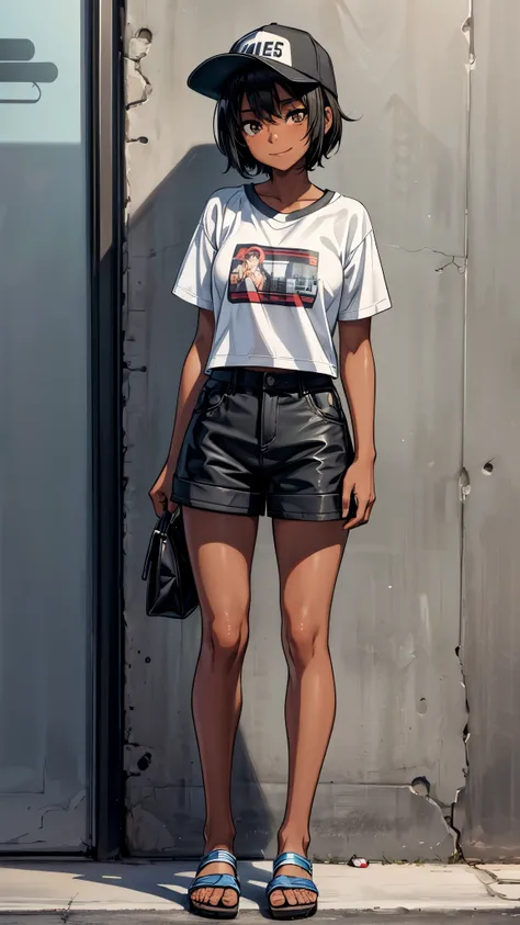 outside the street,((full body1.8)),One 16 years old girl,(dark skin color),short black hair,seductive smile,baseball cap,shirts,short sleeve,shorts,sandals.