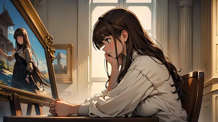 ((best quality)), ((work of art)), ((detailed)), young woman with long brown hair and bangs, in profile, looking down, with a shy and timid expression
