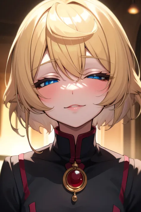 Degurechaff asked.。, uniform, Wicked Smile, Small stature, Killer Eyes, delicate, blue eyes, short hair, Blonde, bangs, Very detailed, masterpiece, Highest quality, Maroon mouth, front, close your eyes, Looking at the audience, look up, Put your chin forwa...