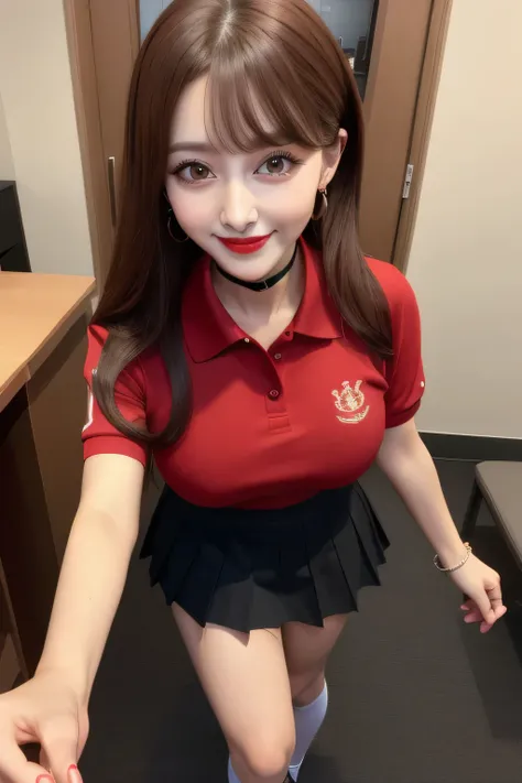 Highest quality, masterpiece, Group photo, Crowded, Straight long hair, Brown Hair, sexy, A line of women, Women waiting in line, Only women, Sisters, ((tight red polo shirt、mini skirt, uniform, uniform))，Full body photo:1.9， Adorable， smile， Slim face, Sl...