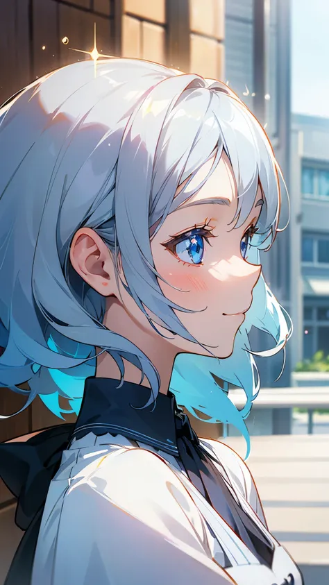 １girl、Silver Hair, (Sparkling Blue Eyes)、smile、profile、Face close-up、Morning Cafe Terrace、Background blur, Written boundary depth