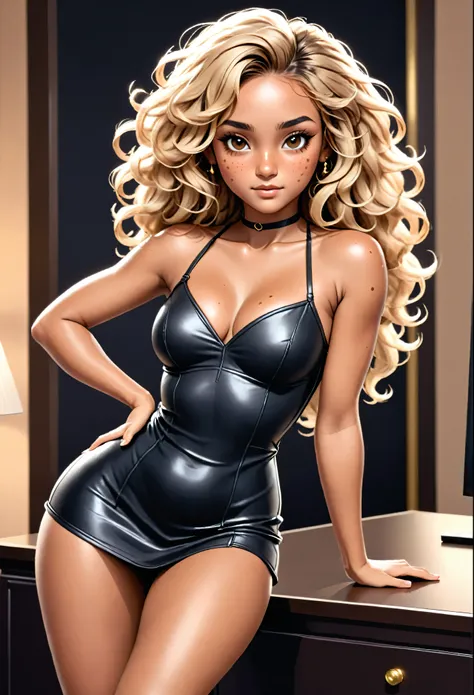 (young girll:1.9), (she wears a black minidress:1.4), blonde long curly hair, (tanned skin and muskular body:1.2), brown eyes, (dancing in a livingroom:1.3), (detailed skin texture, realistic skin pores, freckles, skin impurities:1.9), (24k resolution, hig...