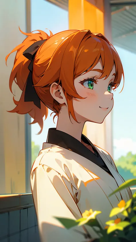 １girl、Orange Hair、ponytail、Beautiful green eyes、smile、profile、Face close-up、Morning Cafe Terrace、Background blur, Written boundary depth