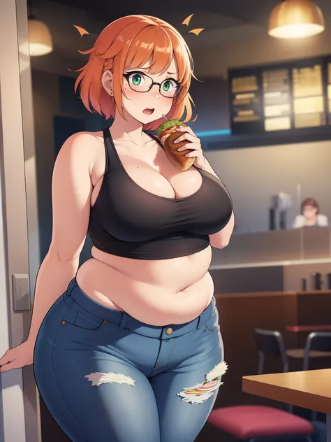 ((highres)), Masterpiece, high quality, best quality, beautiful, perfect lighting, detailed face, ultra cute face, ((1girl)), ((solo)), looking at viewer, skindentation, ((blushing)), shocked, embarrassed, short orange hair, green eyes, glasses, freckles, ...