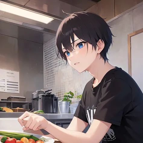 upper body、
shiny skin, masterpiece、Highest quality、(25-year-old male:1.5) and (Black short hair) and (blue eyes)
(black) and (T-Shirts)
The background is the kitchen at night、Chopping vegetables