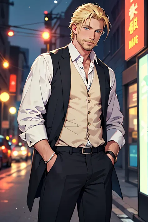 ((best qualityer)), ((work of art)), (detailded), (アニメ), naughty man, black dress pants, white dress shirt, black dress vest, no suit, hair blonde, Larry Bird, blonde mustache, hands in pocket blue eyes, blurred night urban background