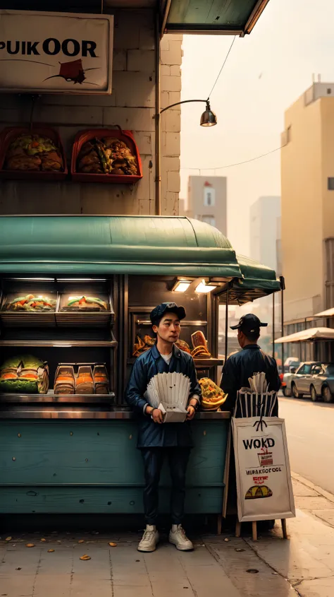 plano general, whole body, ((fast food vendor:1.5 work uniform:1.5))., idyllic, magical scene, beautiful restaurant with diners, (Best Quality, 4k, 8k, high resolution, Masterpiece:1.2), ultra detailed, (realist, photorealist, photo-realist:1.37), warm lig...