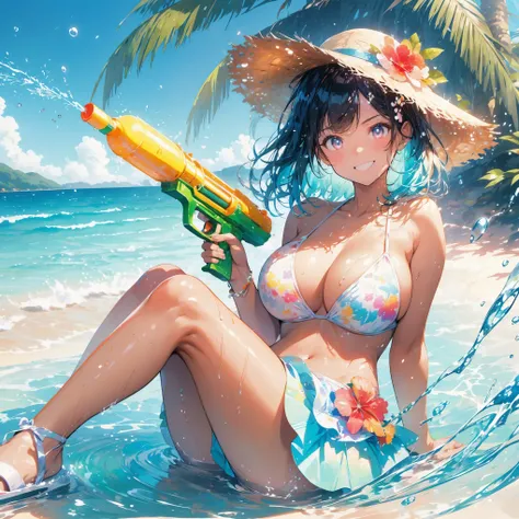 Anime girl in bikini holding a water gun in the sea, Splash art anime , anime art wallpaper 4k, anime art wallpaper 4k, Gweiz-style artwork, 4k anime wallpaper, Anime Style 4k, High-resolution anime art, anime wallpaper 4k, anime wallpaper 4k, Wallpaper An...