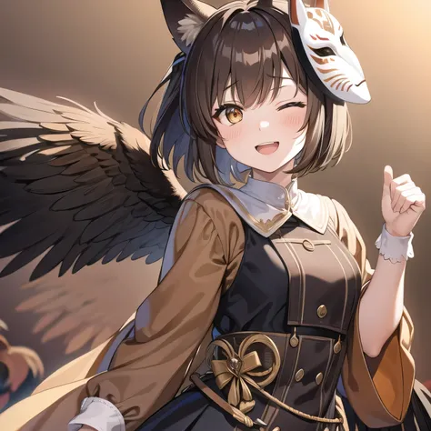 1girl,;d,bird wings,brown eyes,brown hair,feathered wings,feathers,fox mask,gradient,gradient background,long sleeves,looking at viewer,mask,mask on head,one eye closed,open mouth,orange background,short hair,simple background,smile,solo,upper body,wings,y...