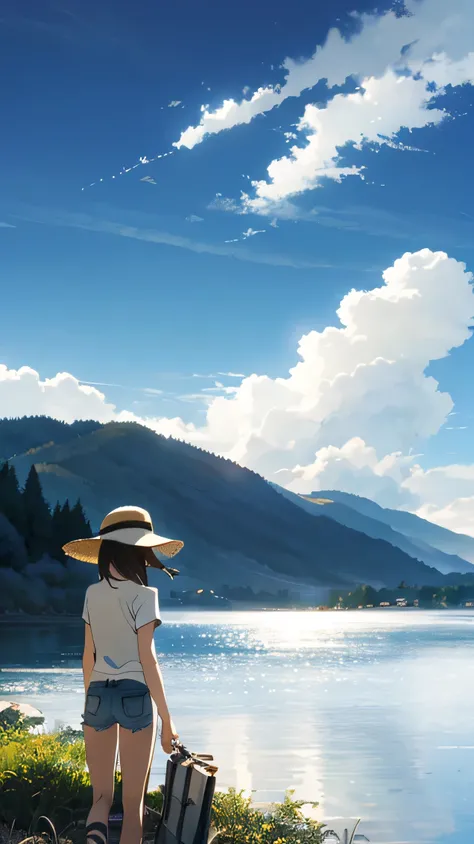 Vast Sky, Beautiful skyline, Lakeside, Distant Mountain々, A strong and dramatic painting, Moving visual effects, Colorful natural light. White short sleeve top, White denim shorts, Girl in a straw hat.