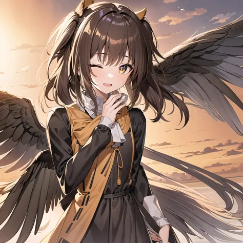 1girl,;d,bird wings,brown eyes,brown hair,twintails,feathered wings,feathers,fox mask,gradient,gradient outdoor, waterfall background,sunset,long sleeves,looking at viewer,mask,mask on head,one eye closed,open mouth,orange sky,short hair,simple background,...