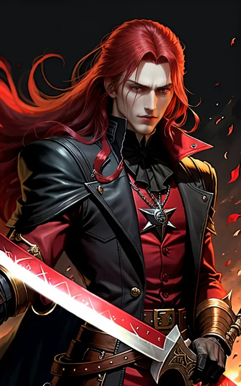 alucard, castlevania, simphony of the night, bust, face image, red hair, sword in hand, piercing look, looking forward, lots of details, 8k, black gold and red clothes