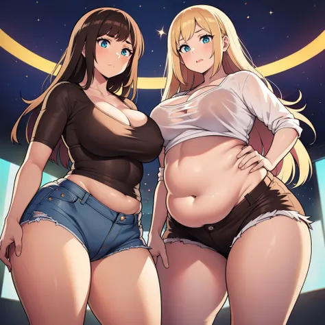 ((highres)), Masterpiece, high quality, best quality, beautiful, perfect lighting, detailed face, ultra cute face, full body, ((2girls)), blush, one girl has blonde hair, blue eyes, crop top and shorts, one girl has brown hair, green eyes, jeans, white shi...