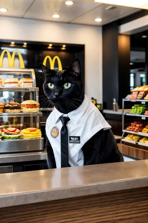 a black cat working at mcdonalds, wearing a uniform, standing at the counter, taking orders, with a friendly expression, in a cl...