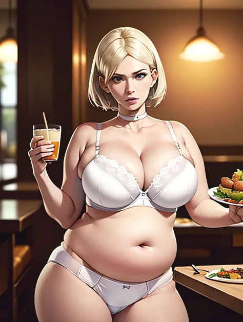 January Jones, masterpiece quality, (masterpiece quality:1.3), detailed, realistic, (realistic:1.3), at a busy restaurant, buffet table in background, lots of food in background, food everywhere, short hair, platinum hair, wearing white bra, (white bra:1.5...