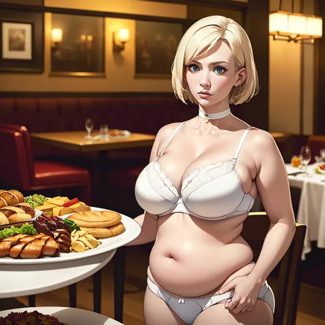 January Jones, masterpiece quality, (masterpiece quality:1.3), detailed, realistic, (realistic:1.3), at a busy restaurant, buffet table in background, lots of food in background, food everywhere, short hair, platinum hair, wearing white bra, (white bra:1.5...