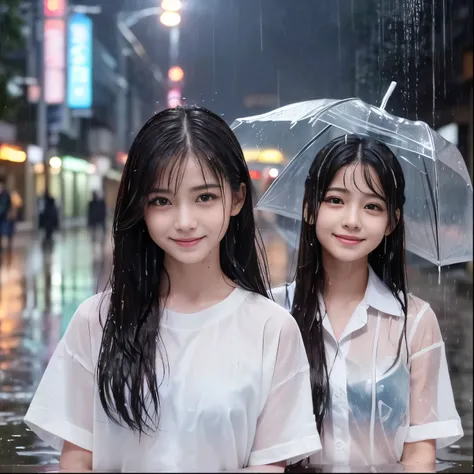 (Highest quality, masterpiece, Ultra-high resolution, (Realistic:1.4), RAW Photos, Depth of written boundary, Professional Lighting, Perfect Anatomy, Very detailed), (Two Girls:1.3), 15 years old, The most famous Japanese idols, An innocent smile, Upper Bo...