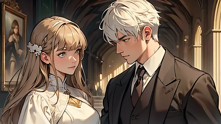 ((best quality)), ((Work of art)),((detailed)), couple looking at each other, man with short white hair, woman with long brown hair, with bangs