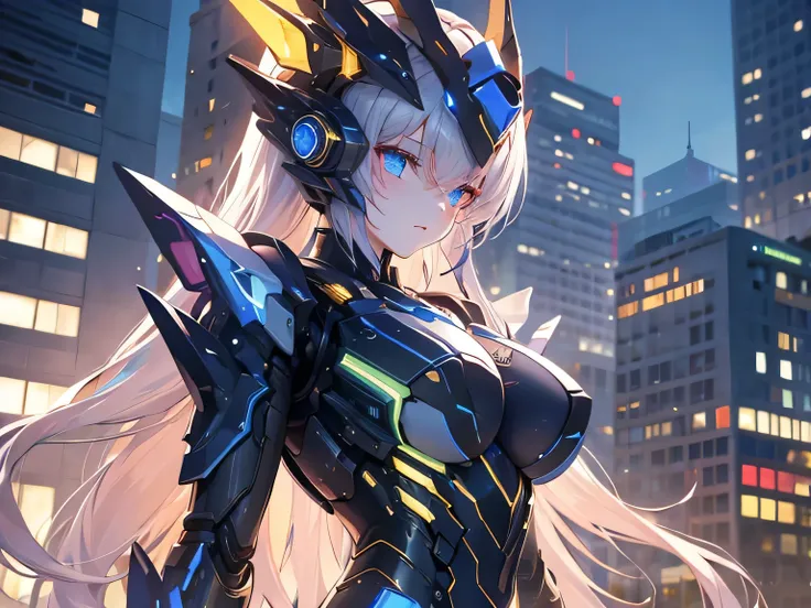 ((masterpiece)), (textured skin), ((high details)), best quality, award winning, 8k, beautiful woman, Mecha girl (black and gold machine parts), metal body, android woman, gradient hair, light blue hair, Night sky, neon lights, megalopolis