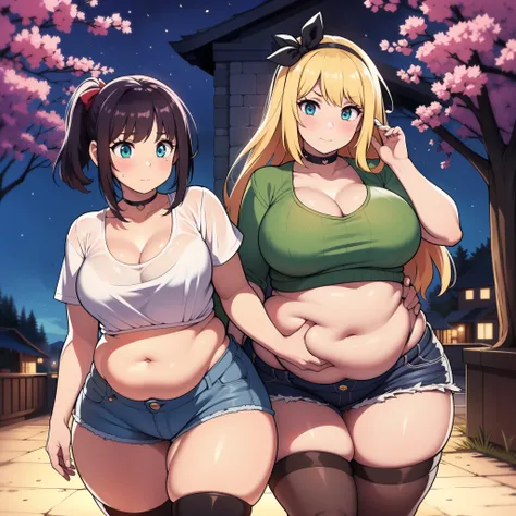 ((highres)), Masterpiece, high quality, best quality, beautiful, perfect lighting, detailed face, ultra cute face, full body, ((2girls)), hugging, ((belly grab)), blush, one girl has blonde hair, blue eyes, black crop top and shorts, choker, thigh highs, o...