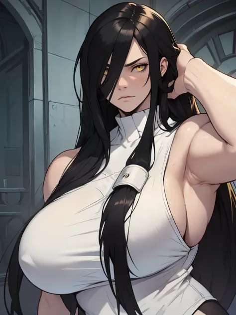 massive breasts muscular girl thick thick thick pale skin black hair yellow eyes very long hair long straight hair sad expressionless 