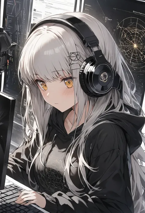 woman using computer with big screen、silver hair、semi-long hair、wearing cool headphones,{{{{{{{{ oversized black hoodie }}}}}}}}...