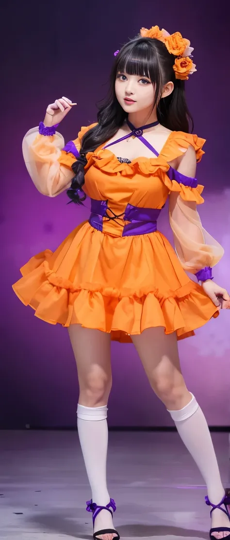 A cute and fairytale-like idol ninja girl、whole body、Good style、、、、、、、、、、Thick legs、、Fluorescent orange and purple zombie ruffle dress、Neat and clean idol face、