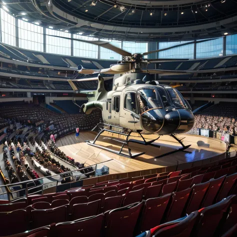 best quality, ultra-detailed, realistic, (transport helicopter, UH-60:1.3), (flying:1.3), (concert hall:1.3),